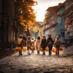 A back view of group of children wearing different halloween cos