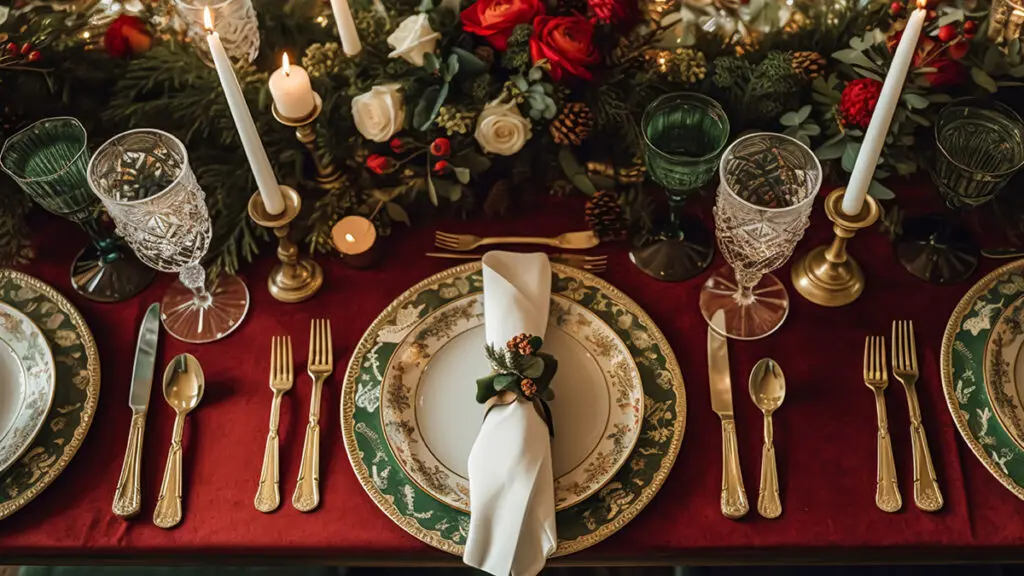 Christmas table scape, elegant formal dinner table setting, tabl