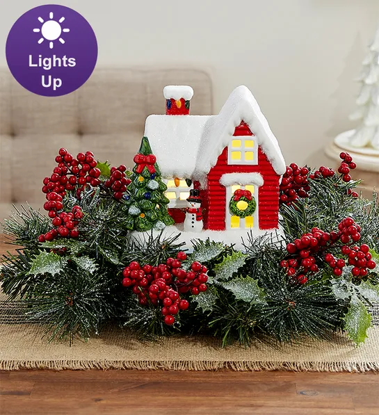 christmas table design ideas Cheerful Christmas Cottage Centerpiece