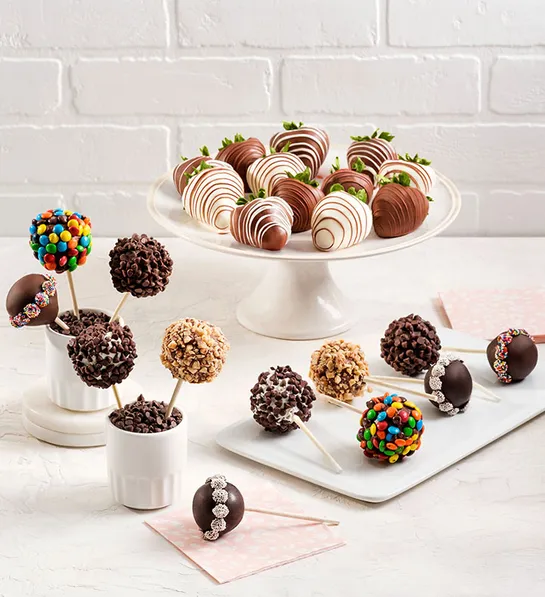milestone birthdays Candy Covered Cake Pops with Drizzled Berries