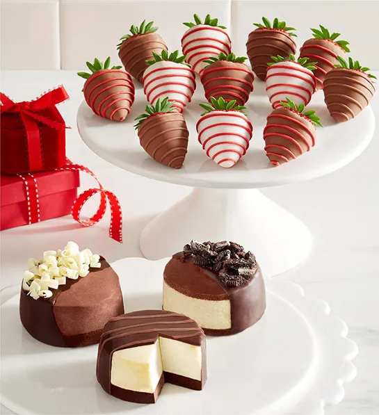 valentines day party Cheesecake Trio with Love Romance Dipped Strawberries