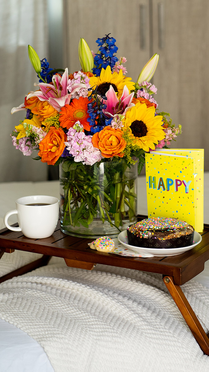 birthday wishes flowers card breakfast tray
