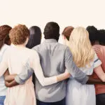 Rearview of diverse people hugging each other