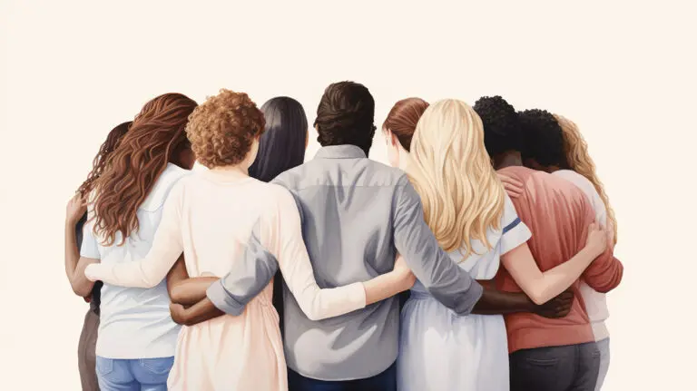 Rearview of diverse people hugging each other