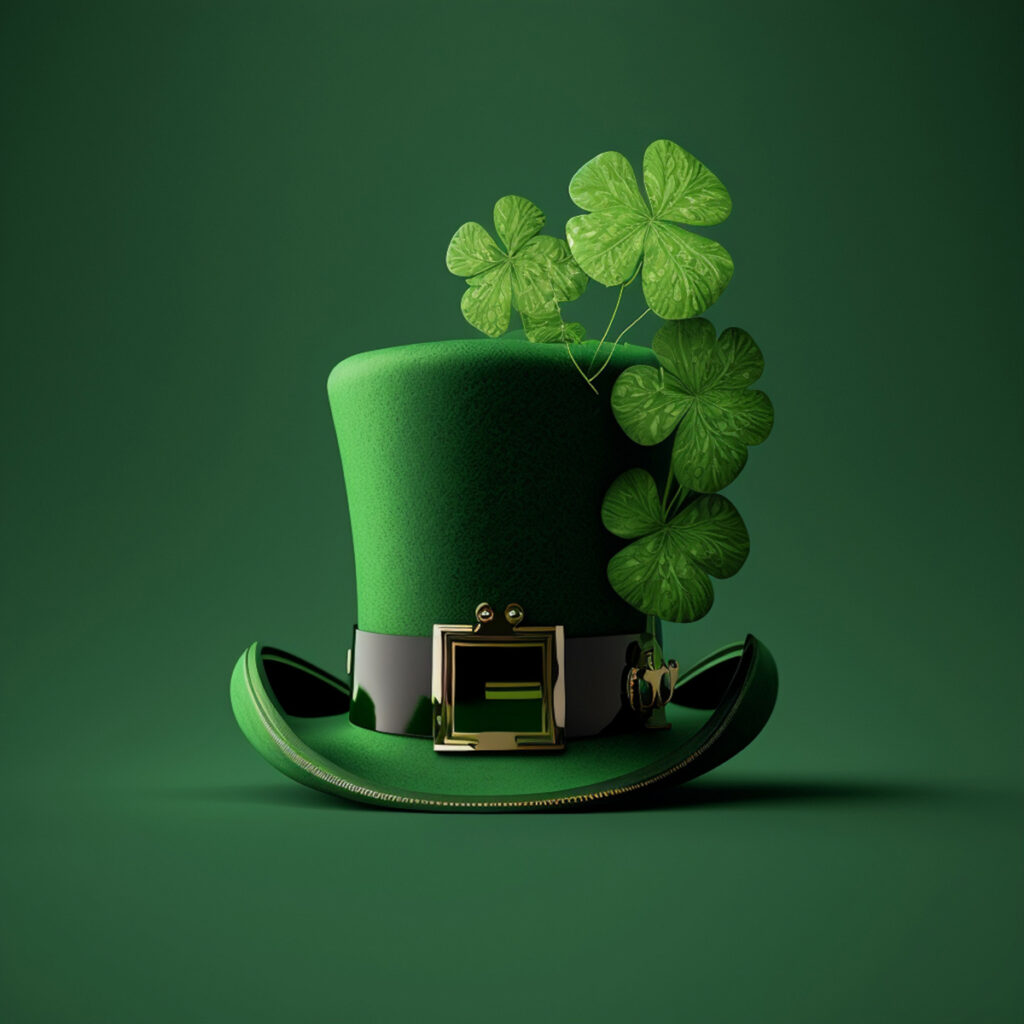Green top hat leaf clover bright background St Patricks Day th