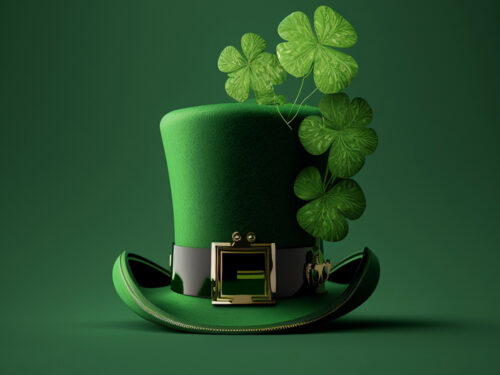 Green top hat leaf clover bright background St Patricks Day th