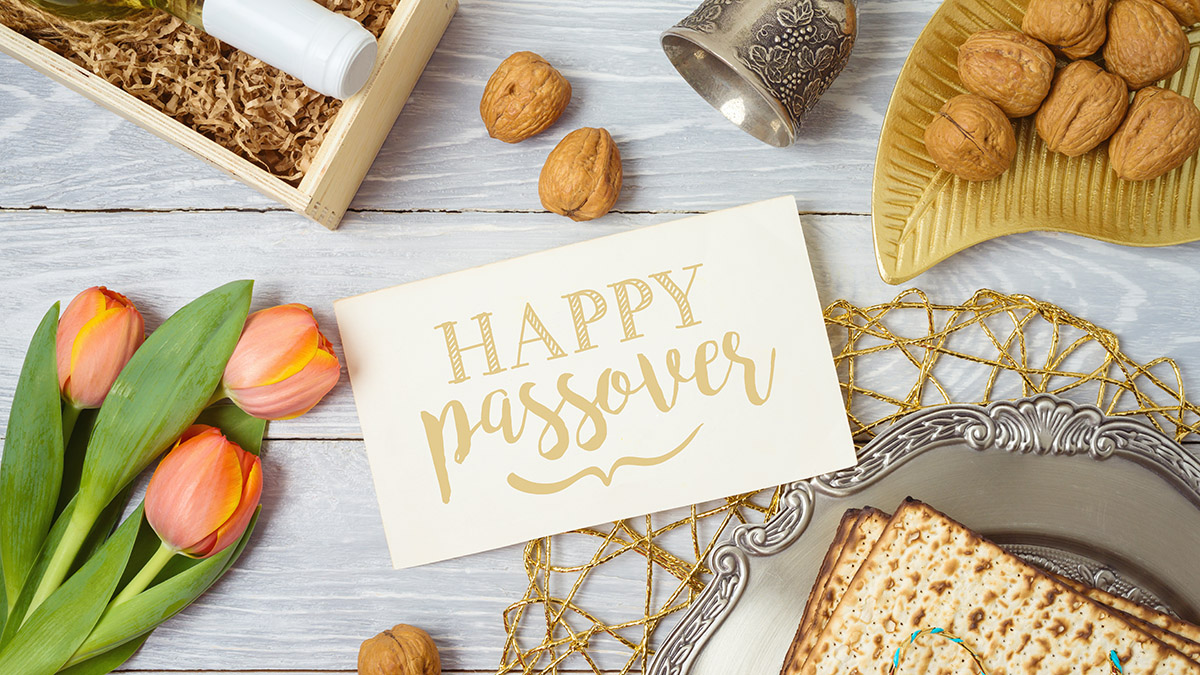 Jewish holiday Passover greeting card with matzo, seder plate, w