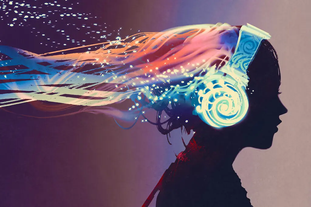 Music in the Key of Life woman with magic glowing headphones on dark background,illustrat