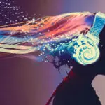 woman with magic glowing headphones on dark background,illustrat