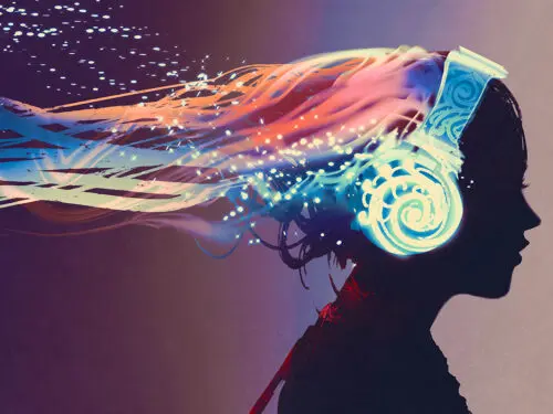 woman with magic glowing headphones on dark background,illustrat
